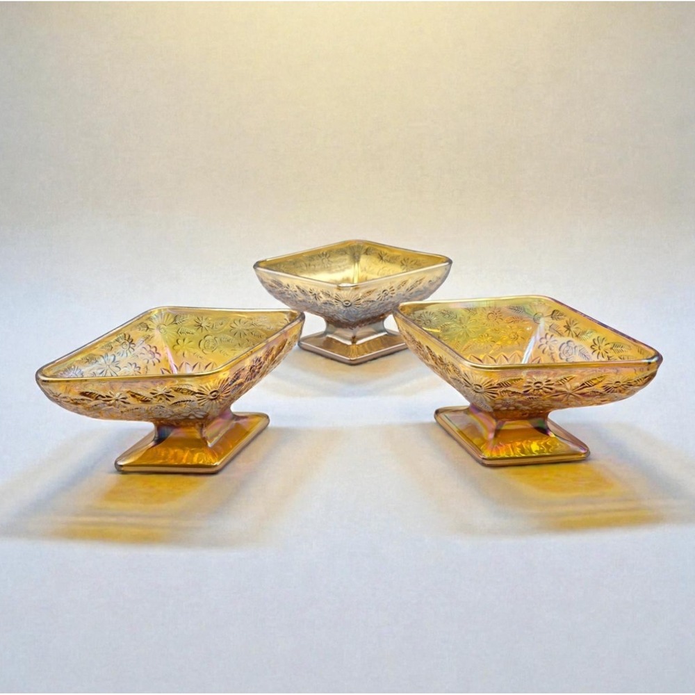 Set Of 3 Marigold Amber Carnival Glass Diamond Shaped Candy Dishes